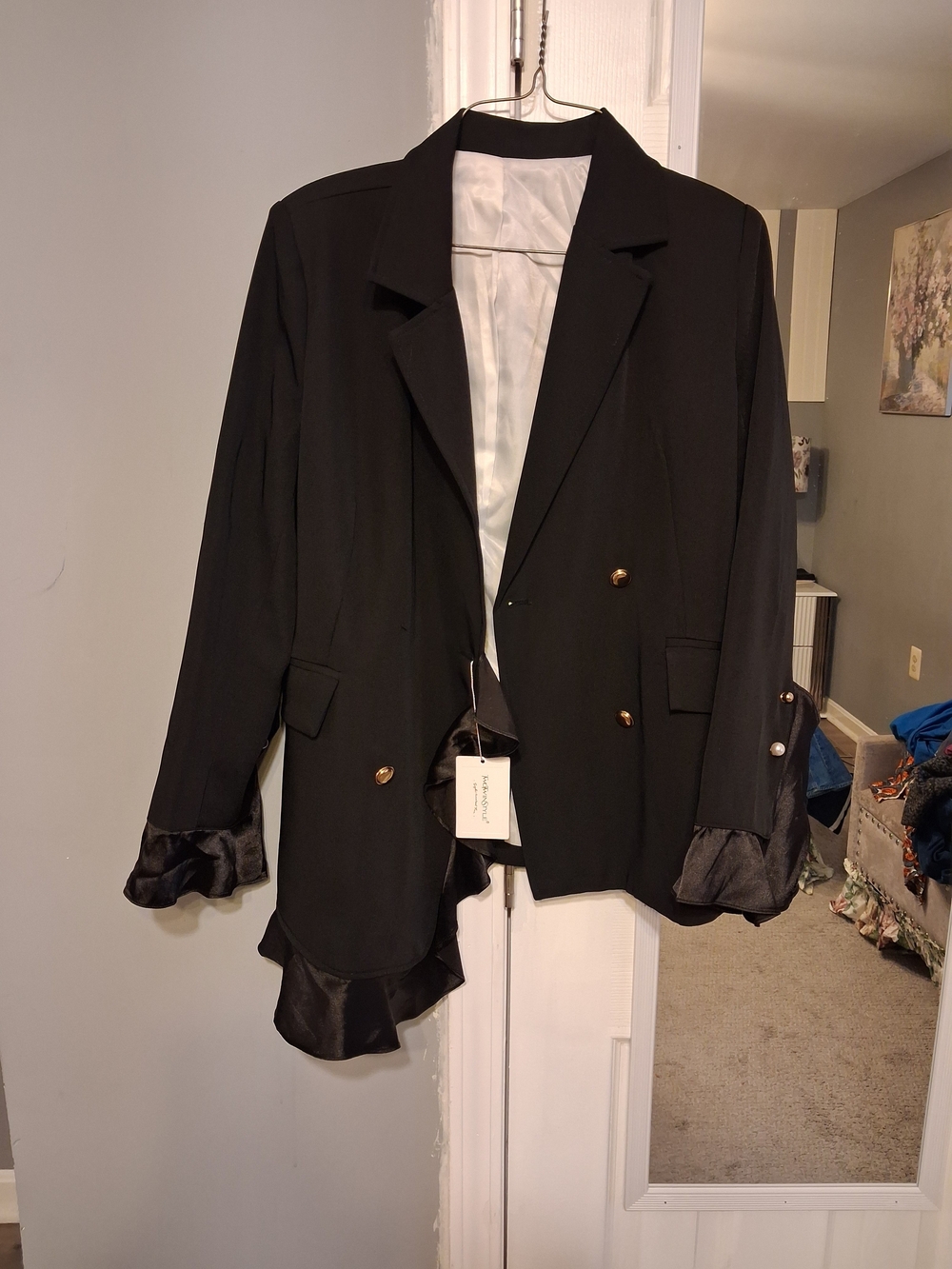 Black Double-Breasted Men's Blazer with Satin Trim